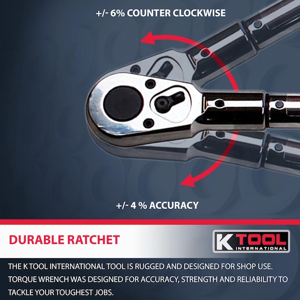 K-Tool International Adjustable Ratcheting Torque Wrench Usa Made